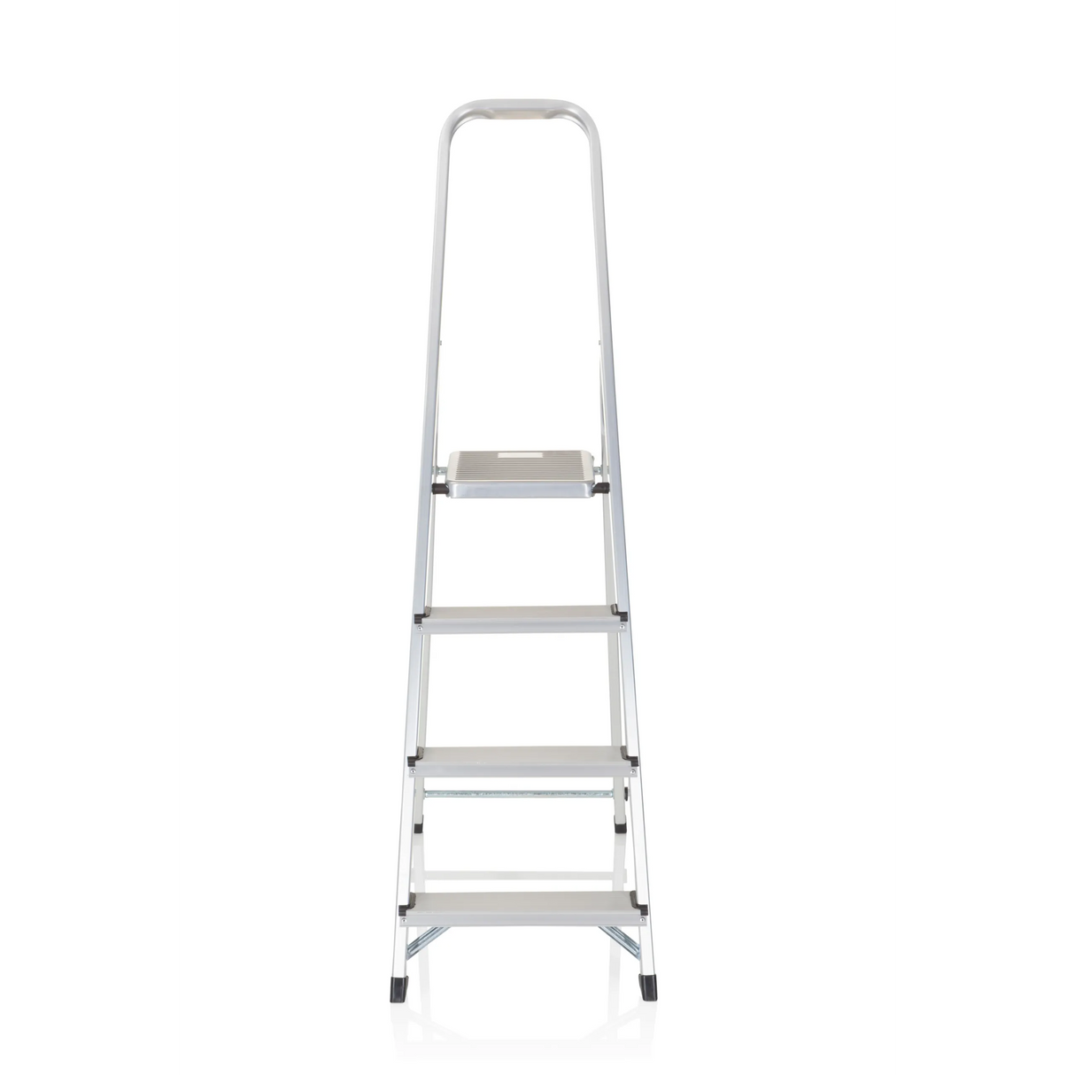Silberne Klappleiter SOLID II aus Aluminium mit vier Stufen und Handgriff von hjh OFFICE – 360-Grad-Ansicht (Frontansicht 0°)