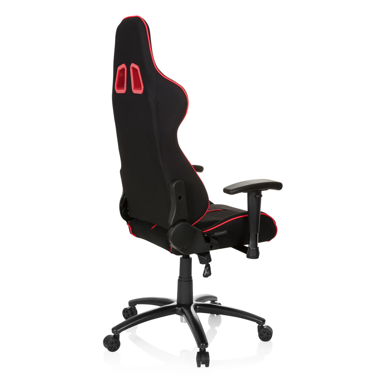 Schwarz-roter Gamingstuhl LEAGUE PRO I mit zwei Kopfstützen-Öffnungen und Fußkreuz mit fünf Rollen von hjh OFFICE – 360-Grad-Ansicht (schräge Rückenansicht 120°)