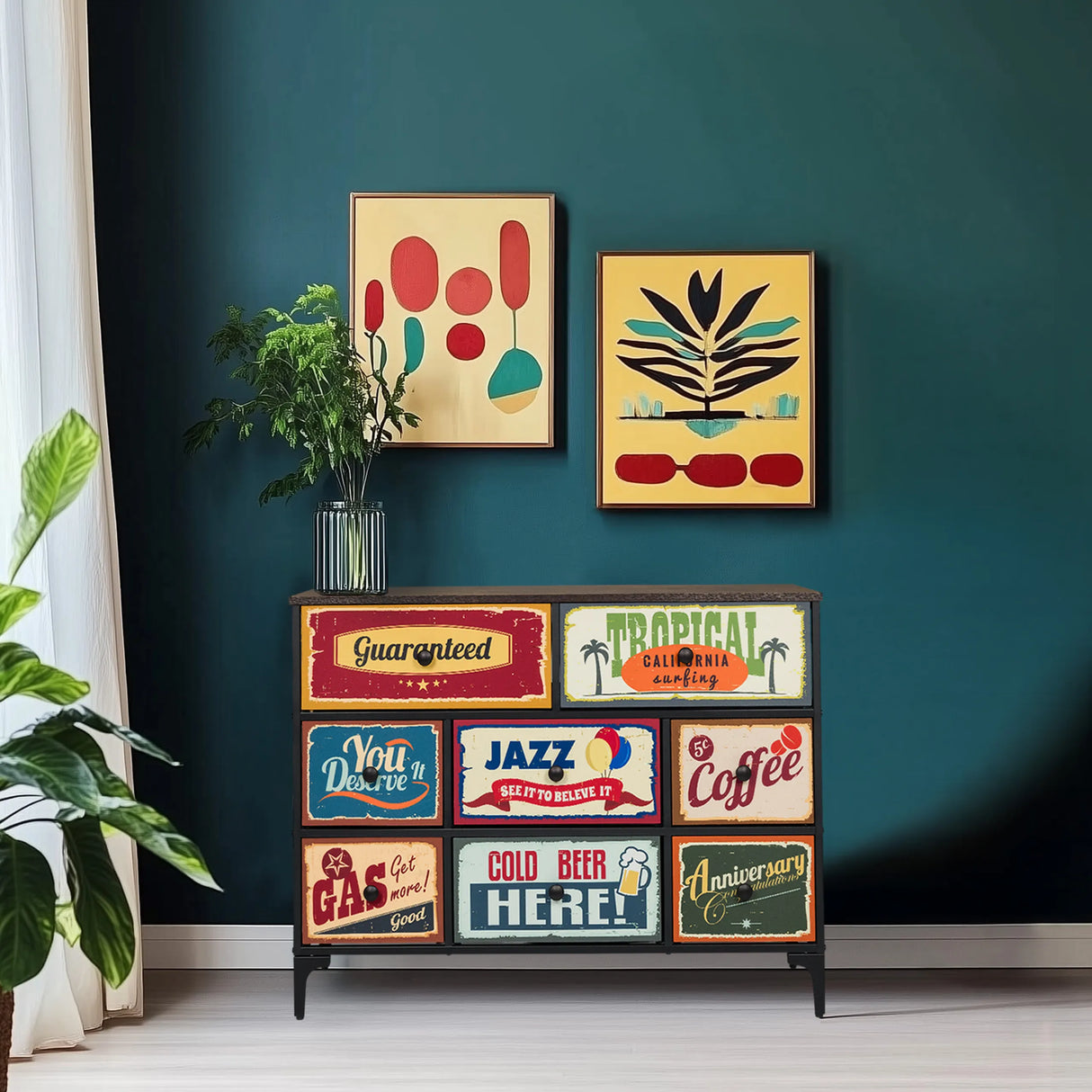 Kommode AMERIKO B mit bunten Retro-Motiven auf den Schubladenfronten von hjh LIVING