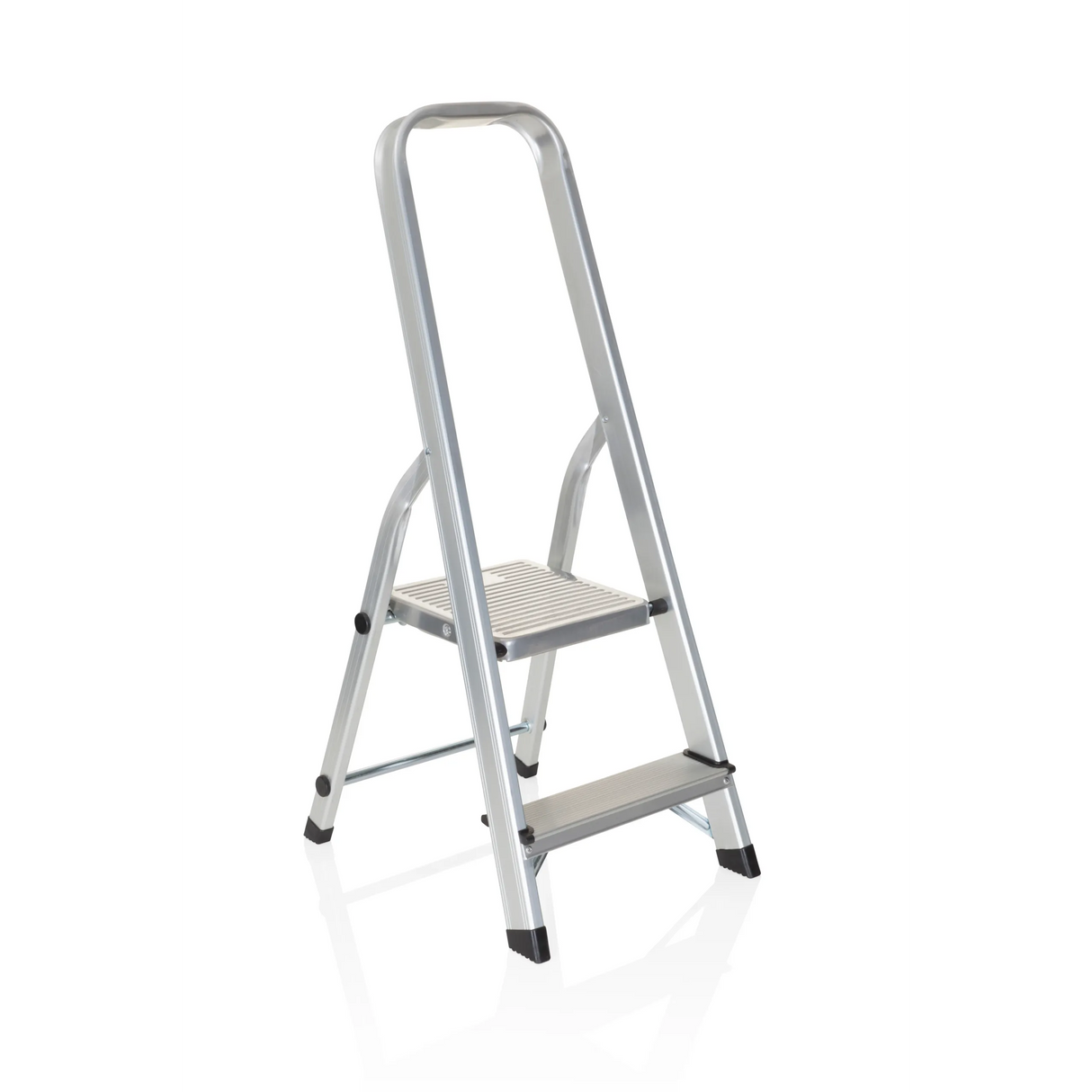 Silberne Klappleiter SOLID I aus Aluminium mit zwei Stufen und Handgriff von hjh OFFICE – 360-Grad-Ansicht (schräge Frontansicht 40°)
