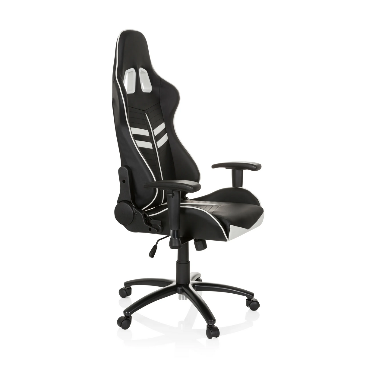 Schwarz-weißer Gamingstuhl LEAGUE PRO mit Kopfstütze und Fußkreuz mit fünf Rollen von hjh OFFICE – 360-Grad-Ansicht (schräge Frontansicht 60°)
