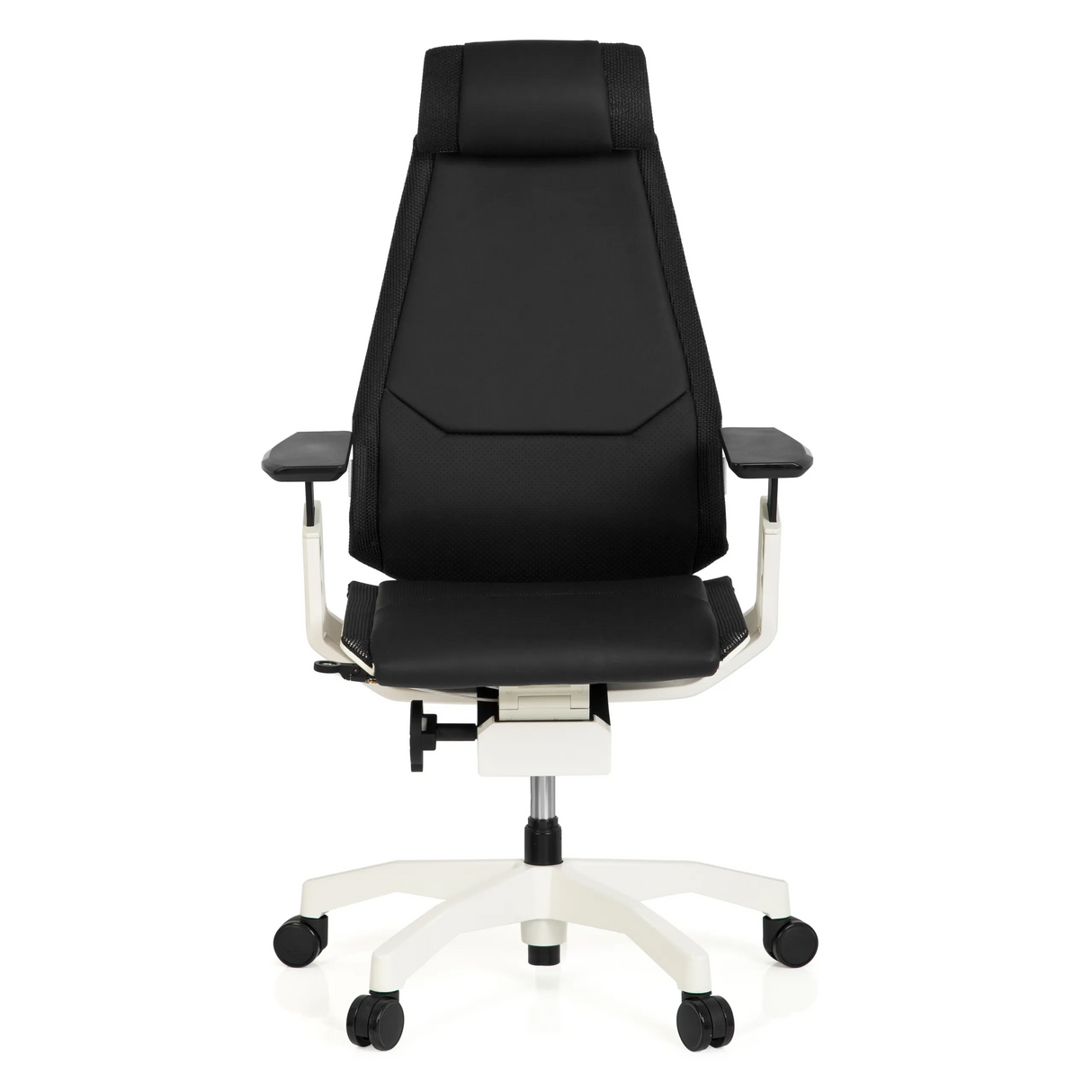 Schwarzer High-End-Bürostuhl GENIDIA PRO WHITE aus Leder mit weißem Fußkreuz und fünf Rollen von hjh OFFICE – 360-Grad-Ansicht (Frontansicht 0°)