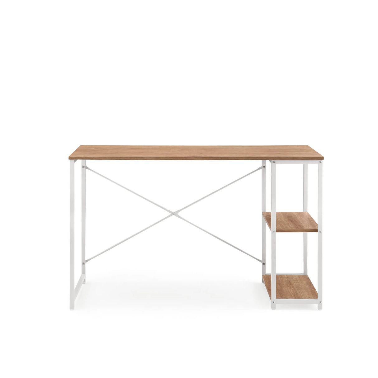 Schreibtisch Easy Up2 in Weiß und Eiche mit integriertem Regal und X-Strebe von hjh LIVING – 360-Grad-Ansicht (Frontansicht 0°)