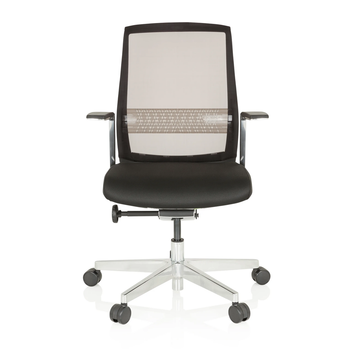 Schwarzer High-End-Bürostuhl FOUNTAINE PRO mit Netzrücken und Fußkreuz mit fünf Rollen von hjh OFFICE – 360-Grad-Ansicht (Frontansicht 0°)