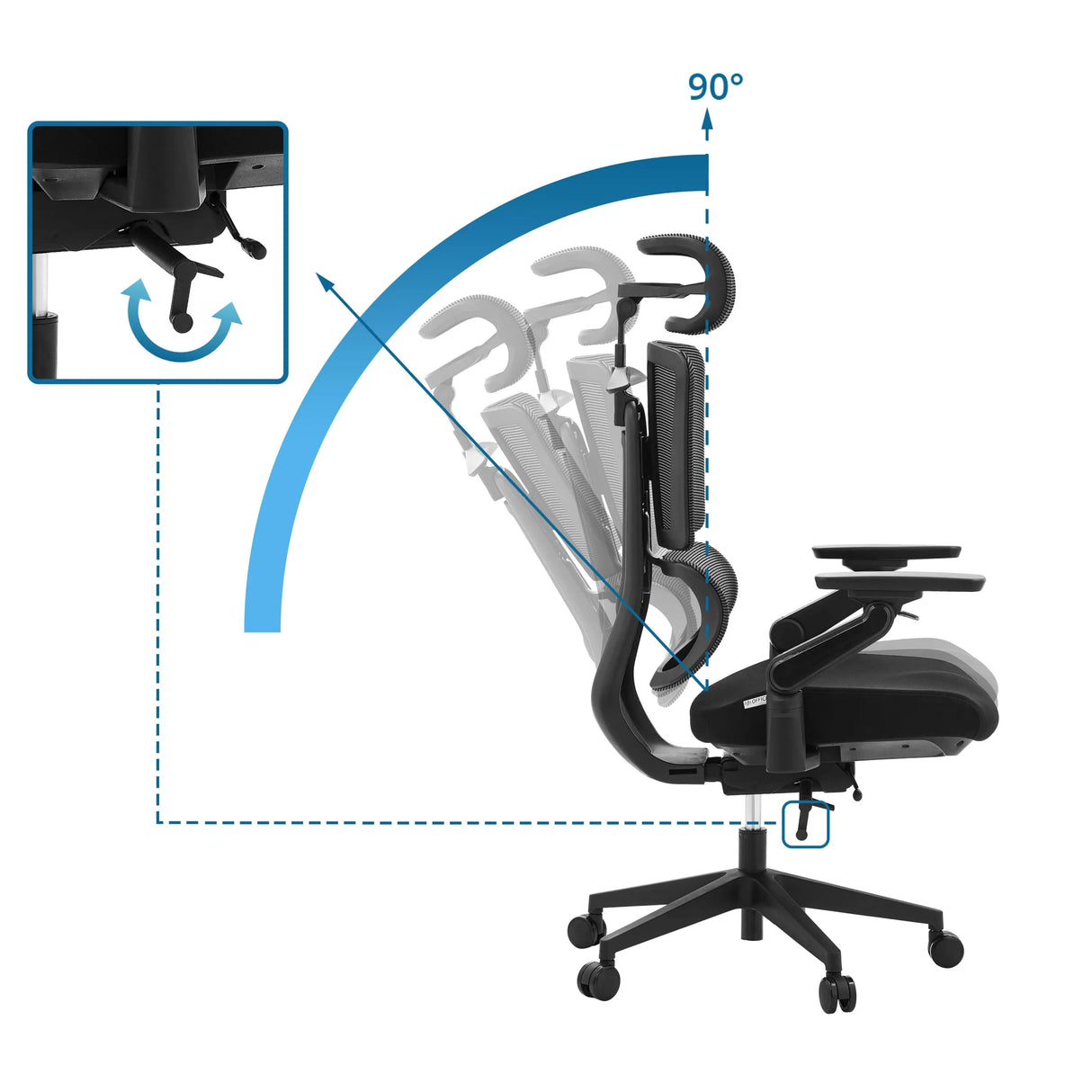 Verstellbare Rückenlehne des Profi-Bürostuhls Ergo U2 Flex3 mit einem Neigungswinkel von bis zu 90° von hjh OFFICE