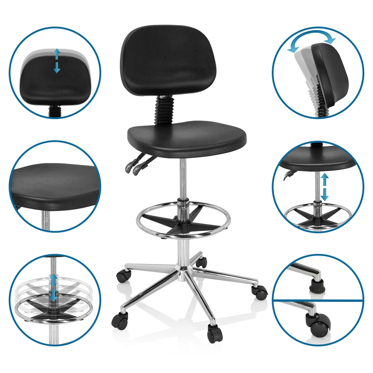 Verstellbare Funktionen des Counterstuhls TOP WORK 24 I in Schwarz mit Fußring und Rollen von hjh OFFICE