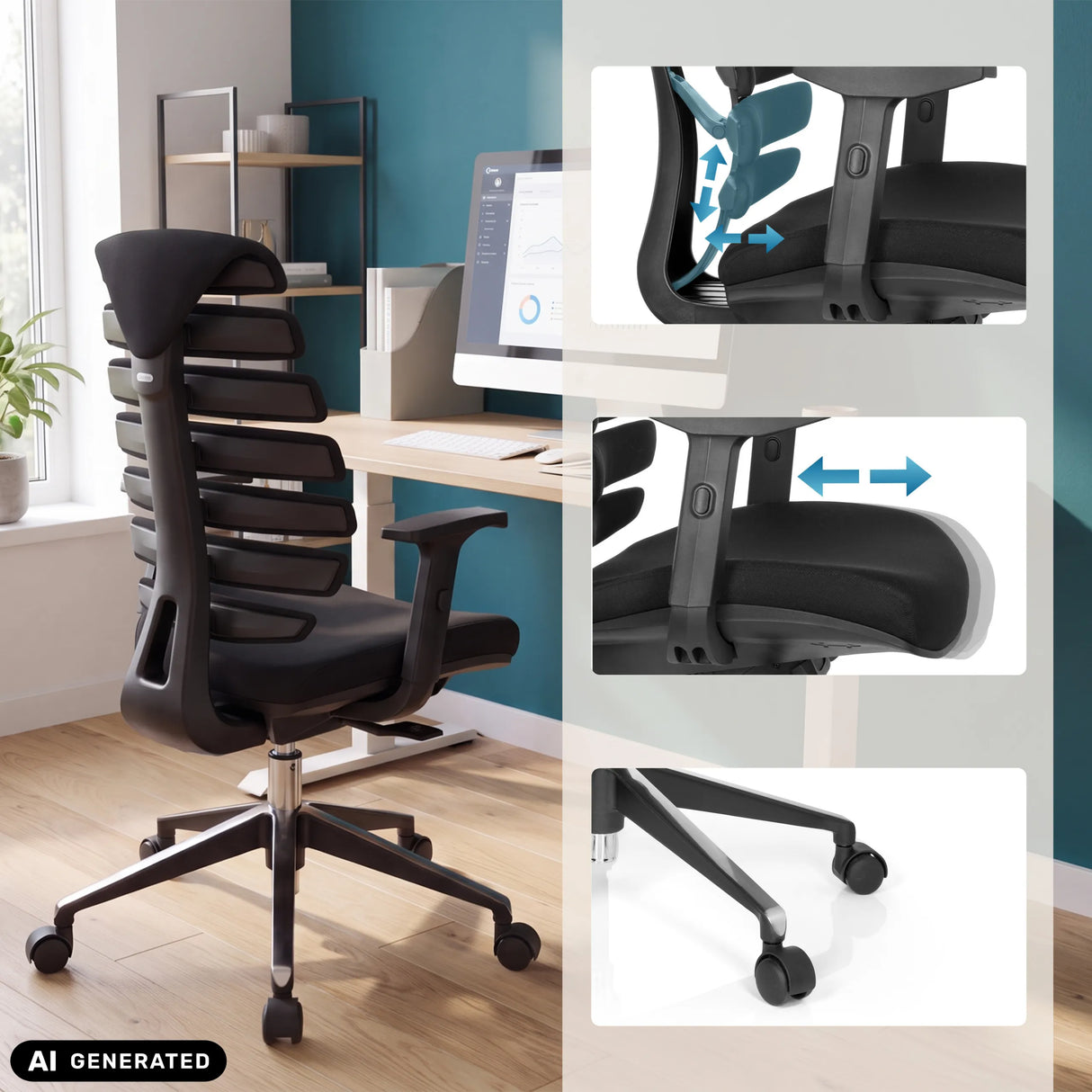 Profi-Bürostuhl ERGO LINE II in Schwarz mit verschiedenen Verstellmöglichkeiten von hjh OFFICE (KI-generiertes Bild)