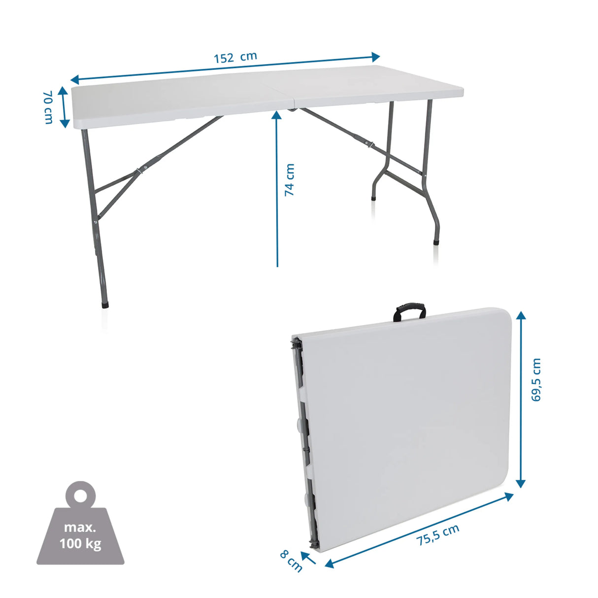 Maßzeichnung des Klapptischs EASY UP MULTI II mit 152 × 70 cm und einer Traglast von 100 kg von hjh OFFICE
