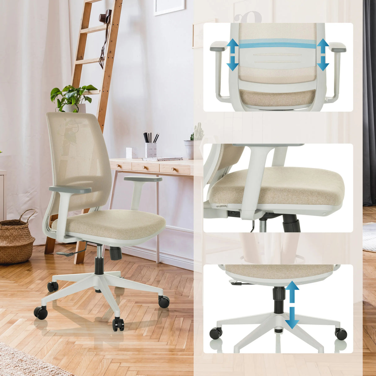 Höhenverstellbare Rückenlehne, Sitzfläche und Gasfeder des Home-Office-Bürostuhls PROFONDO ECO W von hjh OFFICE