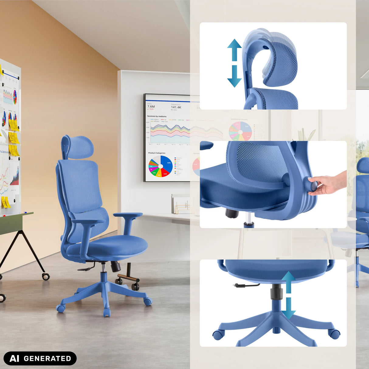 Blauer Homeoffice-Bürostuhl Ergomy Colore mit verstellbarer Kopfstütze und Sitzhöhe von MyBuero (KI-generiertes Bild)