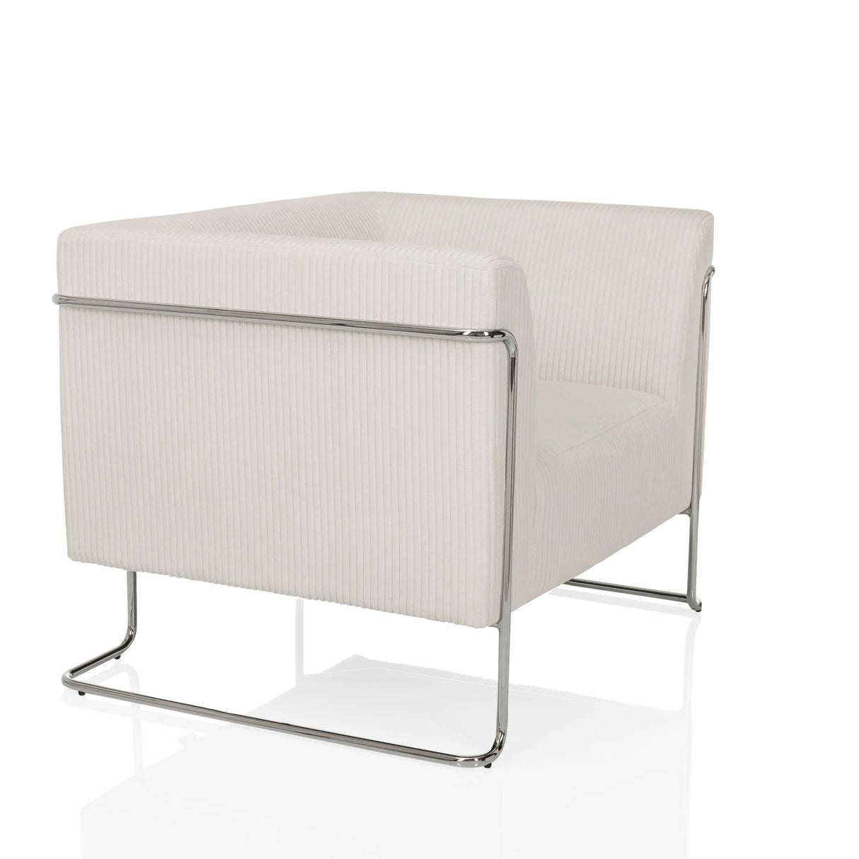 Weißer Loungesessel Curacao Cord mit geripptem Bezug und verchromtem Gestell von hjh LIVING – 360-Grad-Ansicht (schräge Frontansicht 60°)