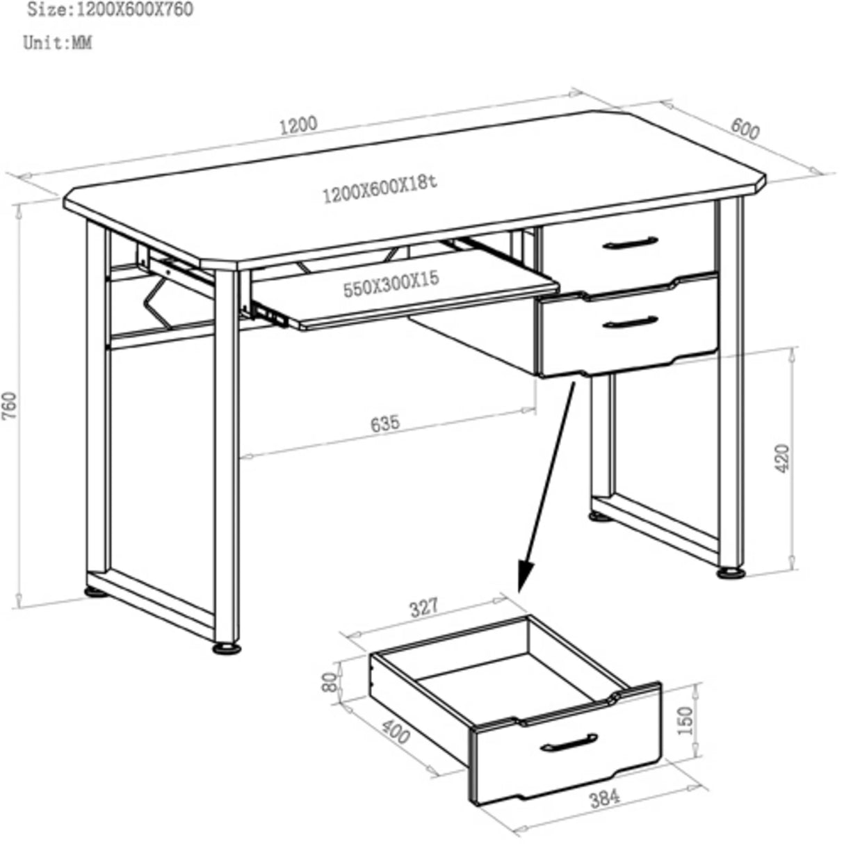Technische Zeichnung des Schreibtischs WORKFLOW mit 120 x 60 cm und Tastaturauszug von hjh OFFICE