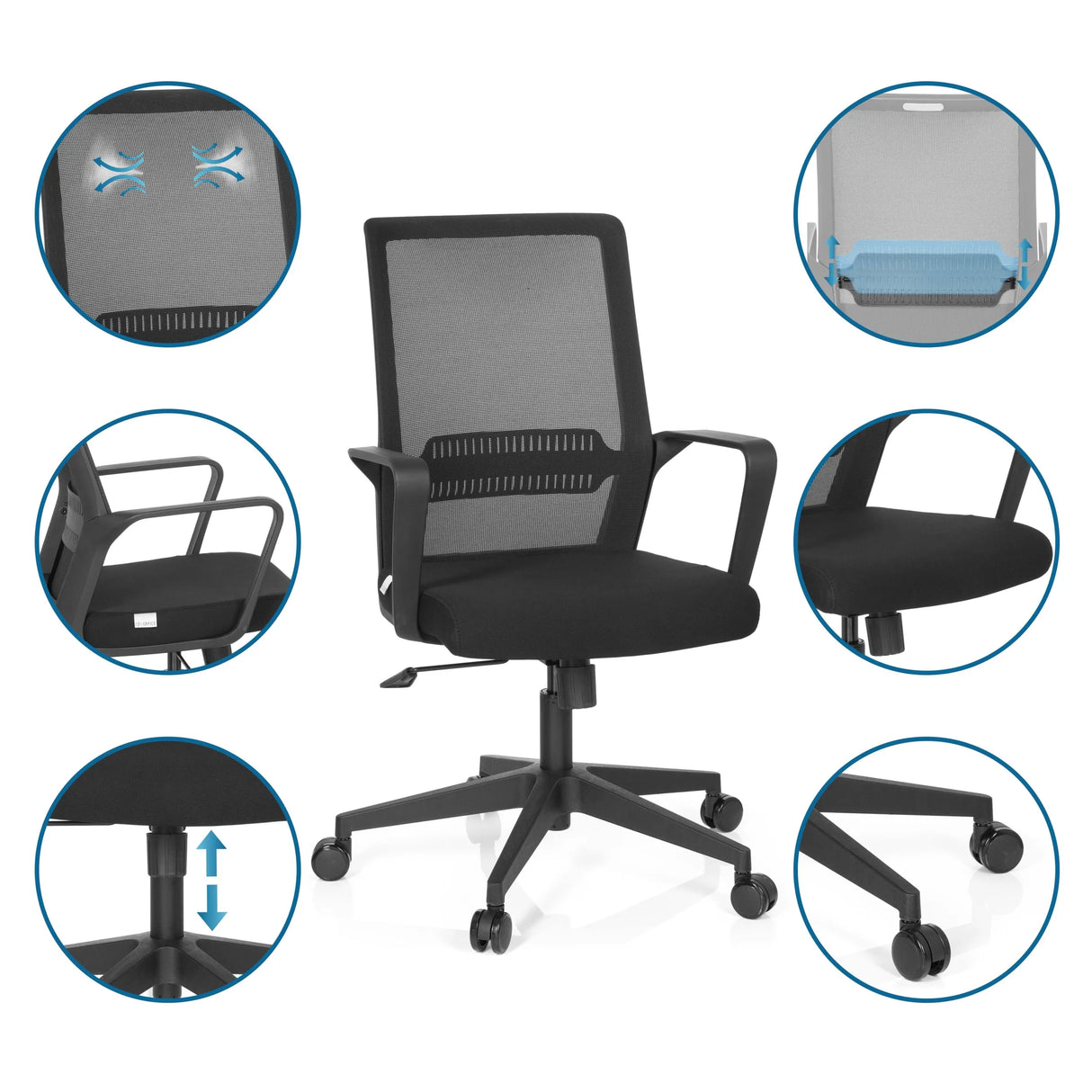 Homeoffice-Bürostuhl PRESTON in Schwarz mit verschiedenen Detailansichten der Funktionen und Komponenten von hjh OFFICE