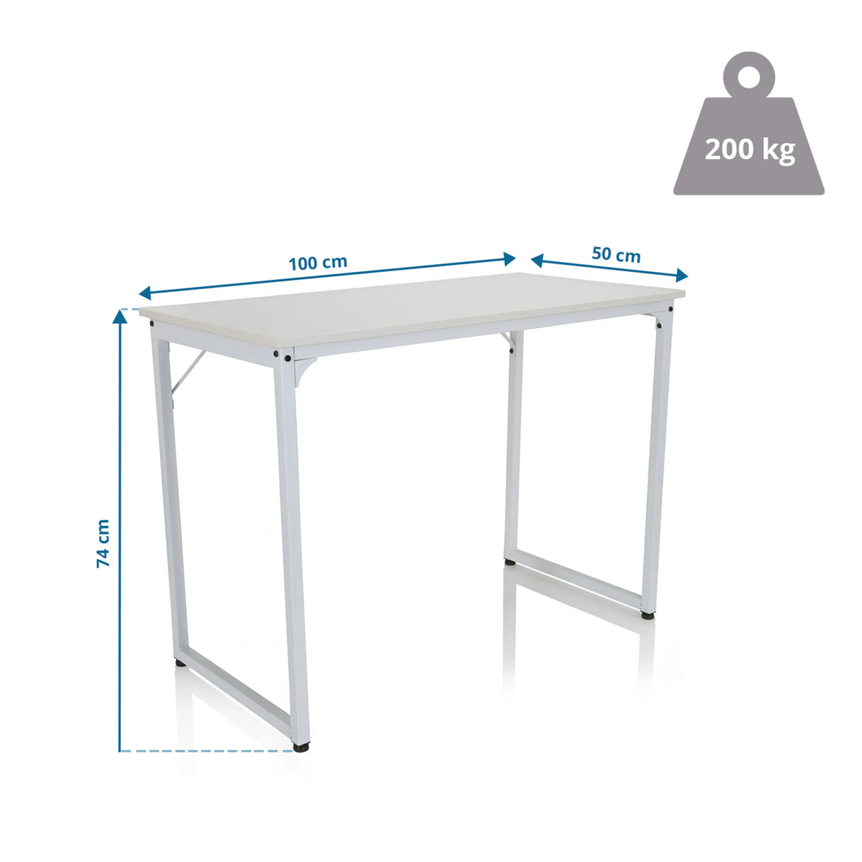 Maßzeichnung des Schreibtischs WORKSPACE I mit 100 × 50 cm und 200 kg Belastbarkeit von hjh OFFICE