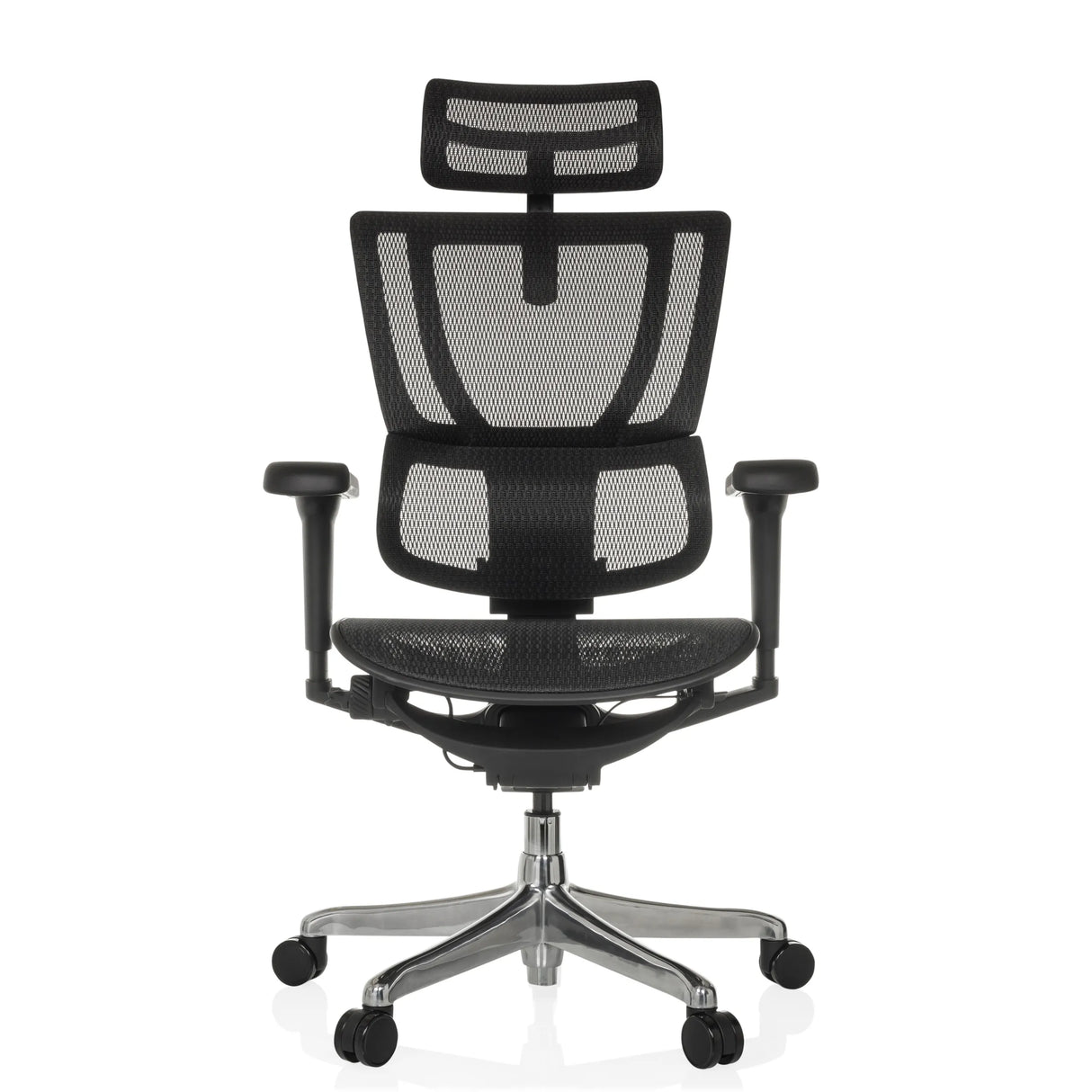 Schwarzer Luxus-Chefsessel ERGOHUMAN SLIM ULTRA GEN2 mit Netzrücken und Fußkreuz mit fünf Rollen von hjh OFFICE – 360-Grad-Ansicht (Frontansicht 0°)