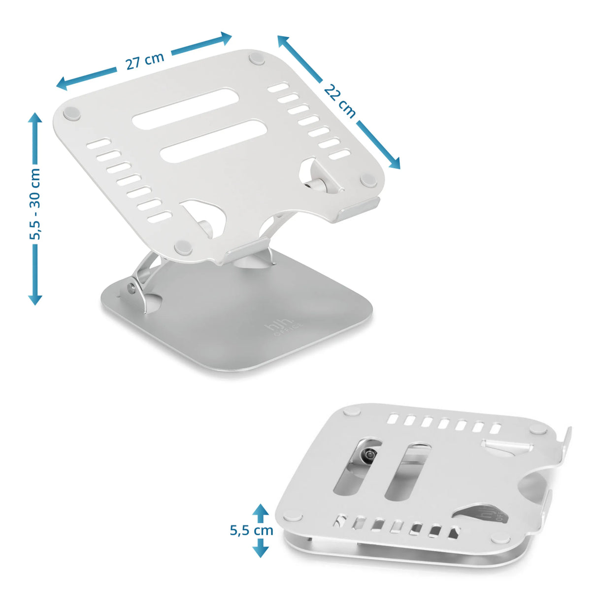 Maßzeichnung der Laptopunterlage LAPTOP STAND mit 27 × 22 cm und einer Höhe von 5,5 bis 30 cm von hjh OFFICE
