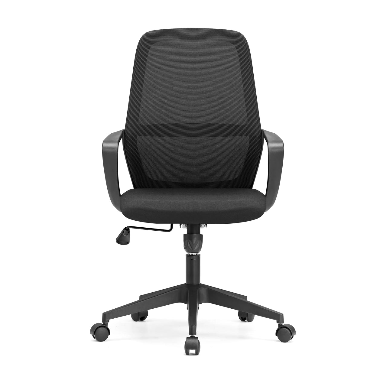 Schwarzer Homeoffice-Bürostuhl Explorer mit Netzrücken und Fußkreuz mit fünf Rollen von MyBuero – 360-Grad-Ansicht (Frontansicht 0°)