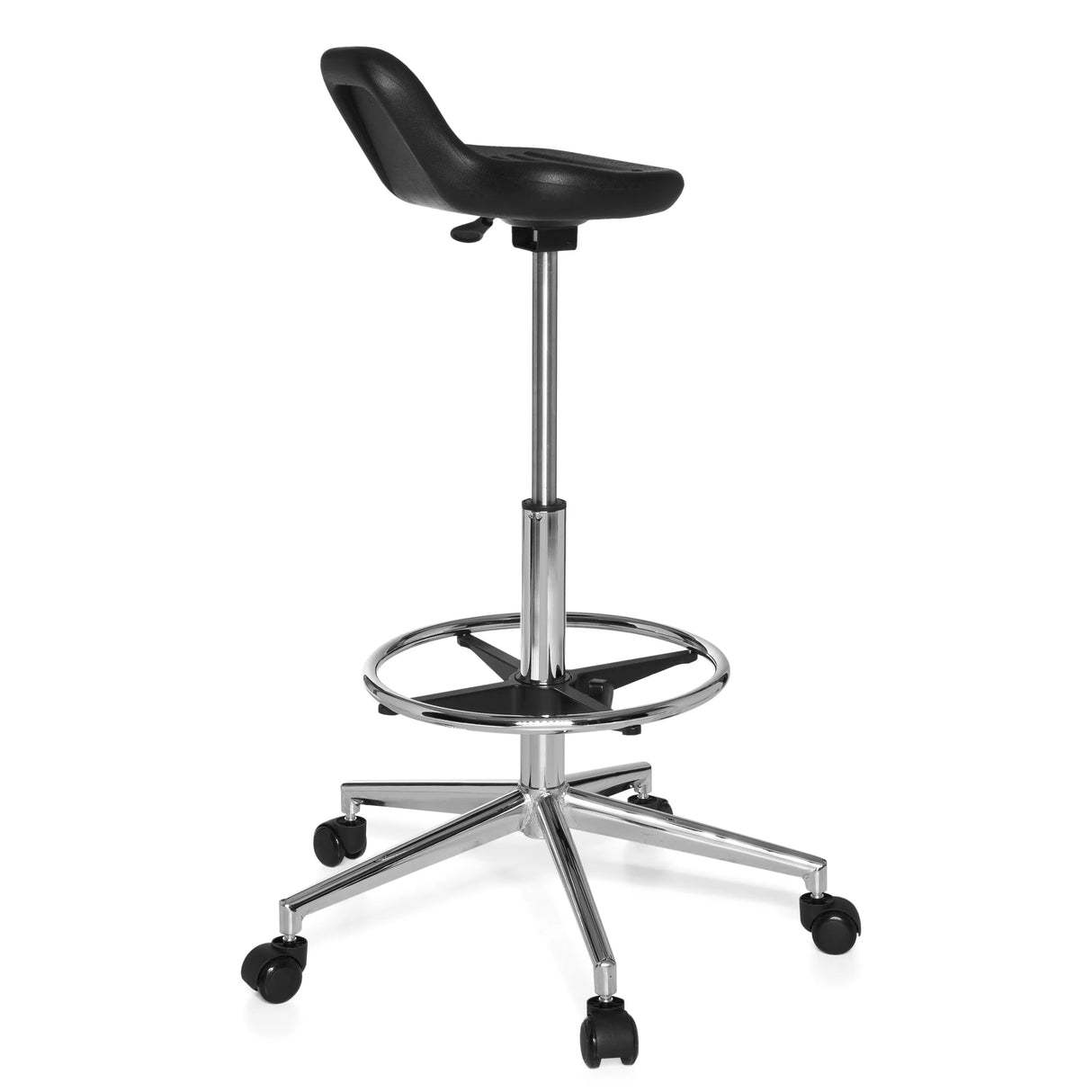 Schwarzer Drehhocker TOP WORK 03 mit Fußring und Fußkreuz mit fünf Rollen von hjh OFFICE – 360-Grad-Ansicht (schräge Rückenansicht 120°)