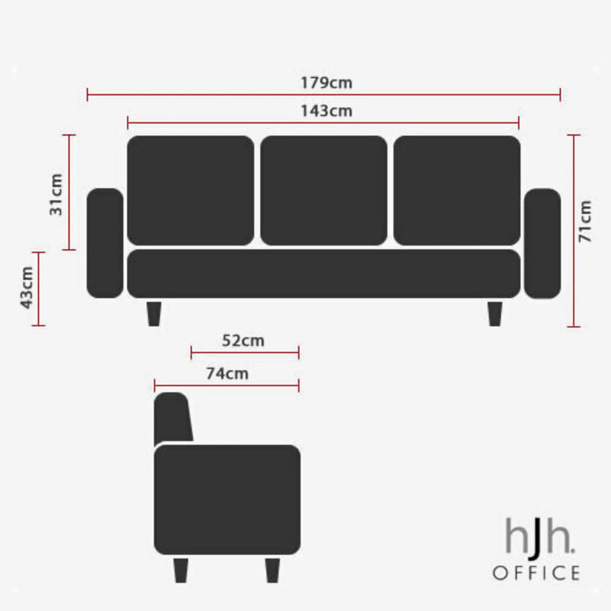 Technische Zeichnung des Loungesofas CURACAO mit einer Gesamtbreite von 179 cm von hjh OFFICE