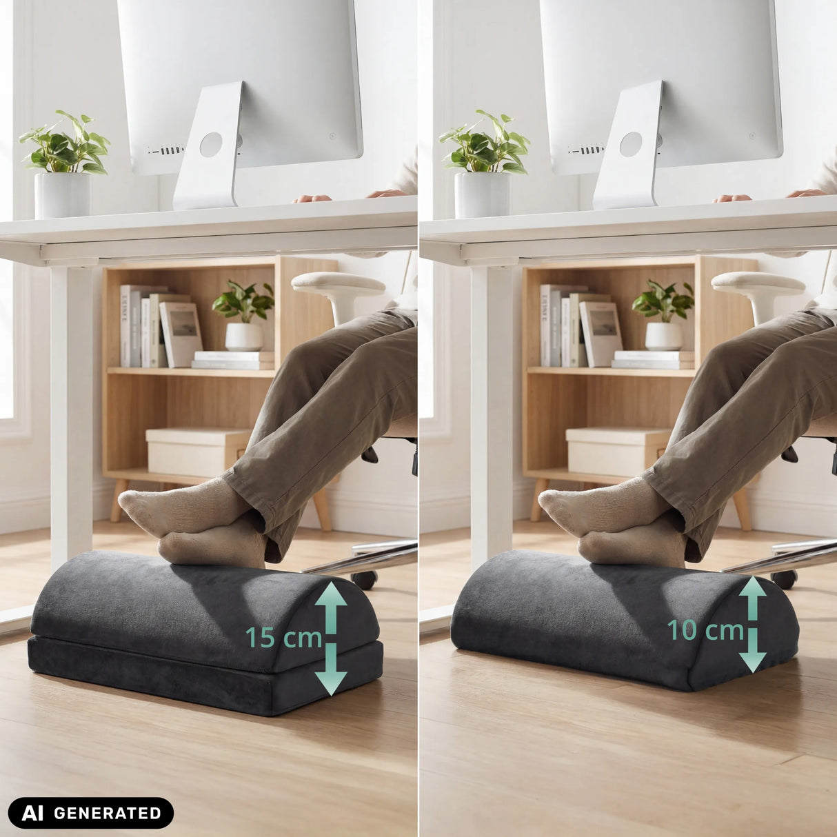 Höhenvergleich der Fußablage Podi Velvet 1 mit 10 cm und 15 cm von hjh OFFICE (KI-generiertes Bild)