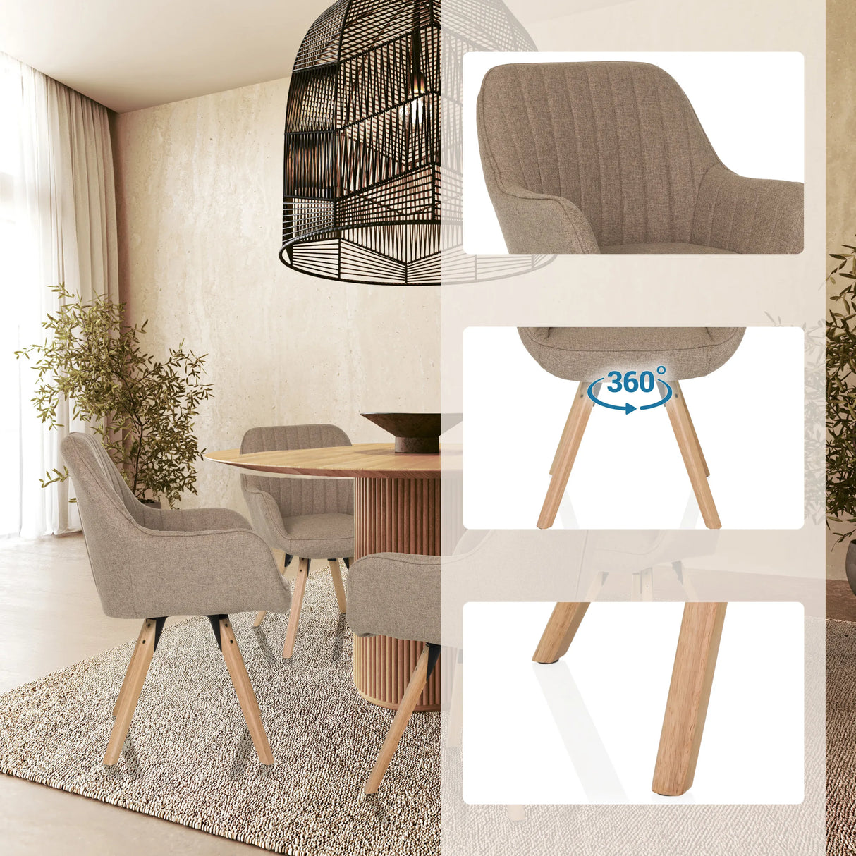 Beigefarbener Polsterstuhl SCANDI SOFT mit 360-Grad-Drehfunktion und Holzbeinen von hjh LIVING