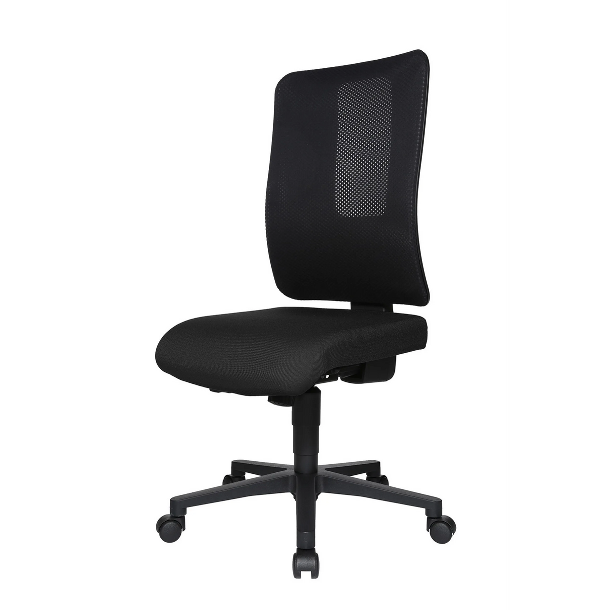 Schwarzer Profi-Bürostuhl HJH WORK BASIC mit Netzrücken und einem Fußkreuz mit fünf Rollen von Topstar – 360-Grad-Ansicht (schräge Frontansicht 300°)