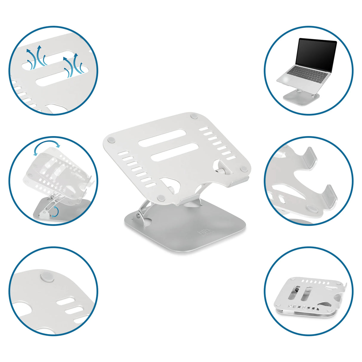 Silberne Laptopunterlage LAPTOP STAND mit Belüftungsöffnungen und verschiedenen Verstellstufen von hjh OFFICE
