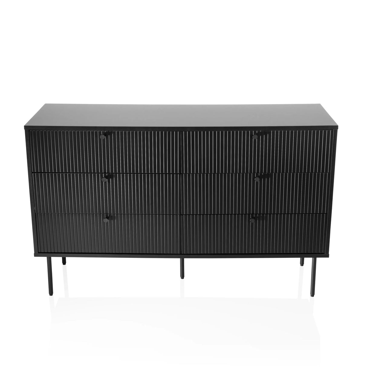 Schwarzes Sideboard KARBY S mit vertikal gerillten Fronten und sechs Knaufgriffen von hjh LIVING – 360-Grad-Ansicht (Frontansicht 0°)