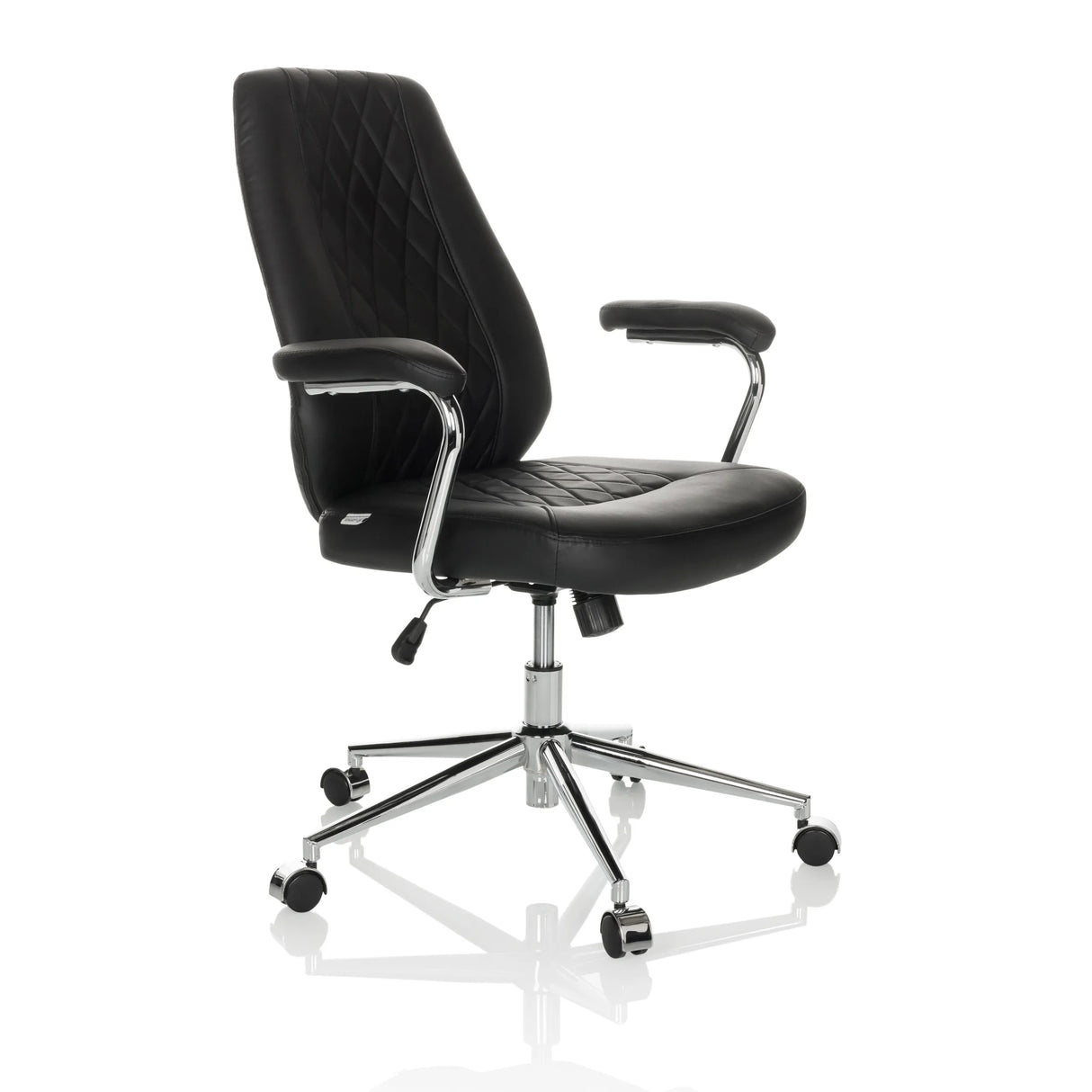 Schwarzer Home-Office-Chefsessel THEO I mit gesteppter Rückenlehne und Fußkreuz mit fünf Rollen von hjh OFFICE – 360-Grad-Ansicht (schräge Frontansicht 45°)