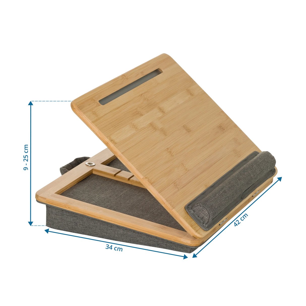 Maßansicht der Laptopunterlage COMFILAP III mit 42 × 34 cm und einer Höhe von 9 bis 25 cm von hjh OFFICE