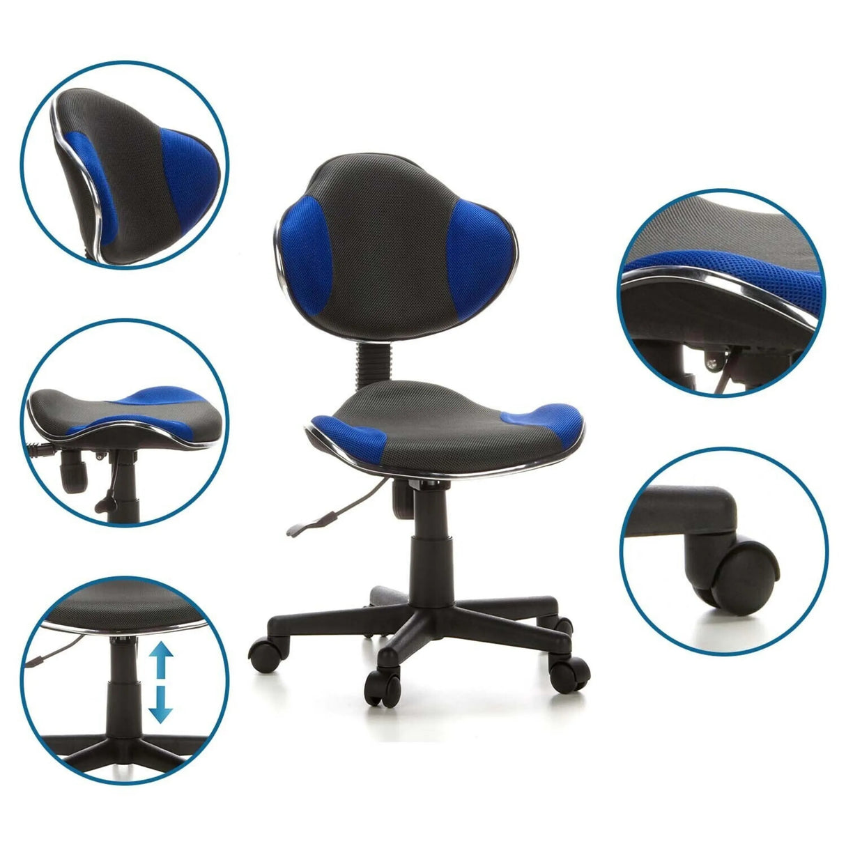 Kinderdrehstuhl KIDDY GTI-2 in Grau und Blau mit Detailansichten zur Höhenverstellung und den Rollen von hjh OFFICE