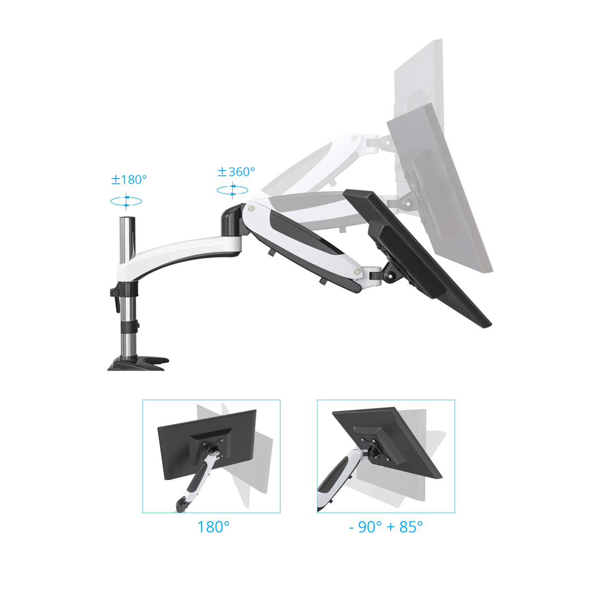 Verstellmechanismen der Monitorhalterung VM-MG1 mit Angaben zur Drehung und Neigung in Grad von hjh OFFICE