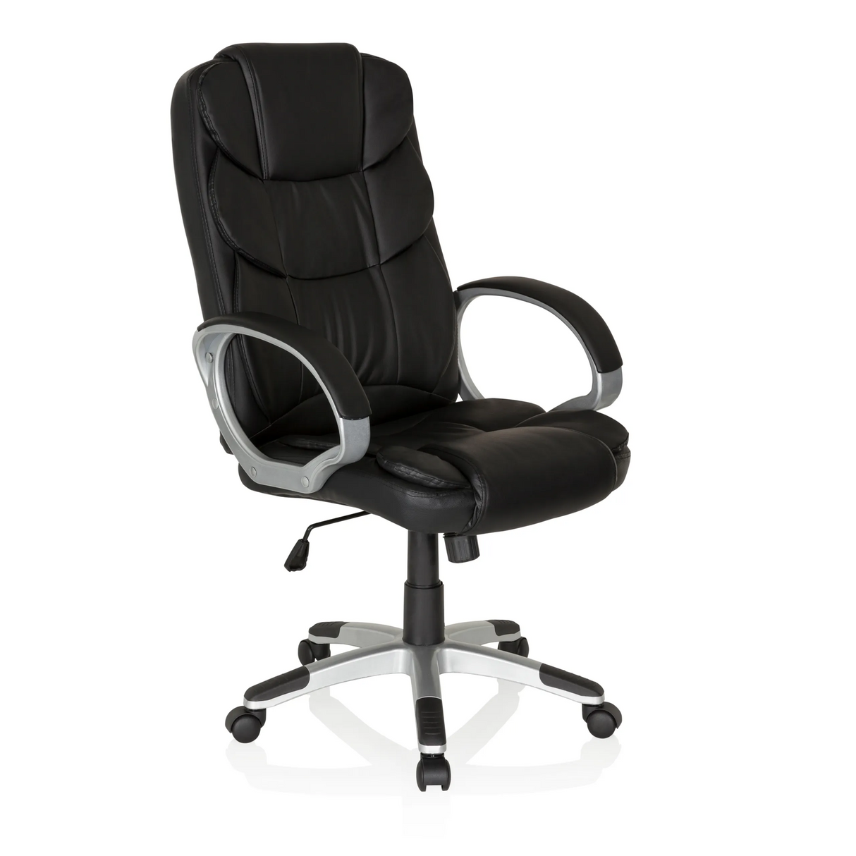 Schwarzer Homeoffice Chefsessel RELAX BY155 mit Armlehnen und Fußkreuz mit fünf Rollen von MyBuero – 360-Grad-Ansicht (schräge Frontansicht 40°)