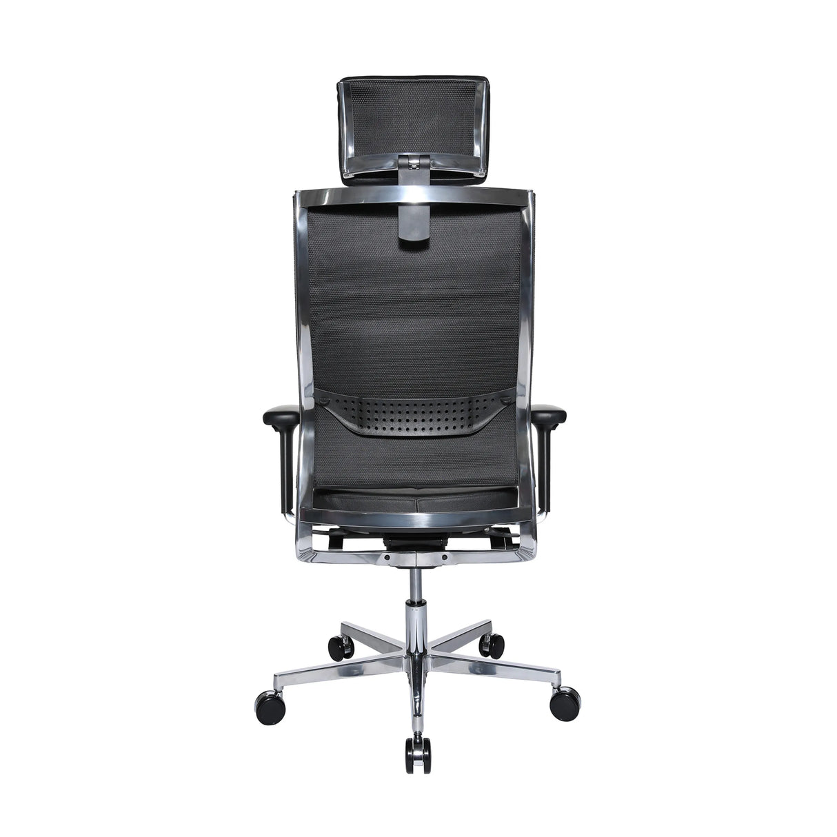 Rückansicht des Chefsessel New Aluart Classic Leder in Schwarz mit Netzrückenlehne und Kopfstütze von Topstar