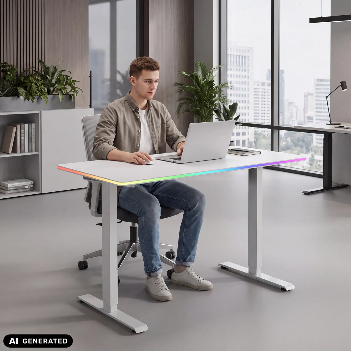 Elektrisch höhenverstellbarer Schreibtisch Worktime LED in Weiß mit integrierter RGB-Beleuchtung an der Kante von hjh OFFICE
