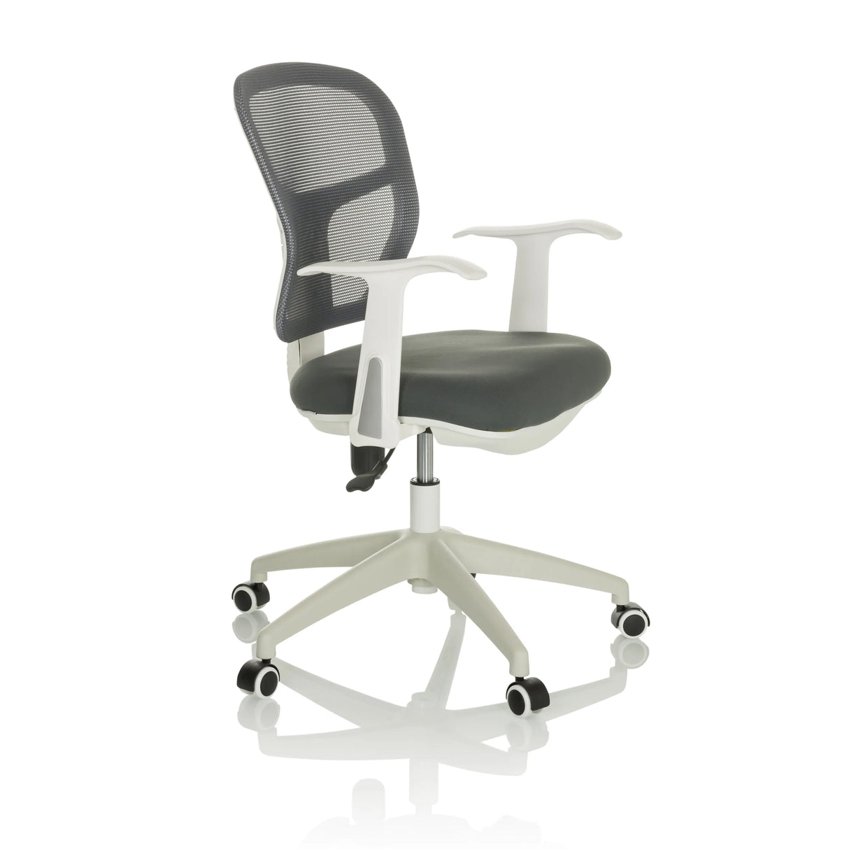 Grauer Homeoffice-Bürostuhl TOP 108 W mit Netzrücken und Fußkreuz mit fünf Rollen von hjh OFFICE – 360-Grad-Ansicht (schräge Frontansicht 60°)