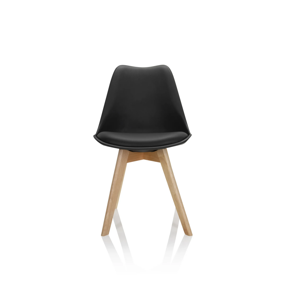 Schwarzer Schalenstuhl SCANDI 4 mit vier Beinen aus hellem Holz von hjh OFFICE – 360-Grad-Ansicht (Frontansicht 0°)