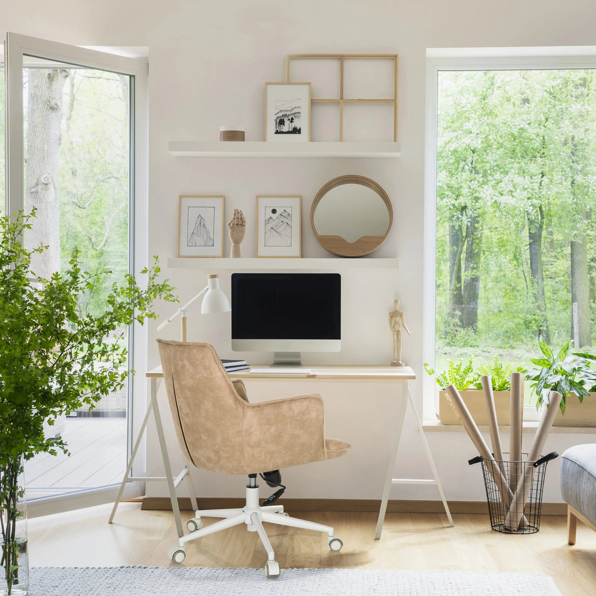 Beiger Home-Office-Bürostuhl SOLAO LIFE W mit Rollen und weißem Gestell von hjh LIVING
