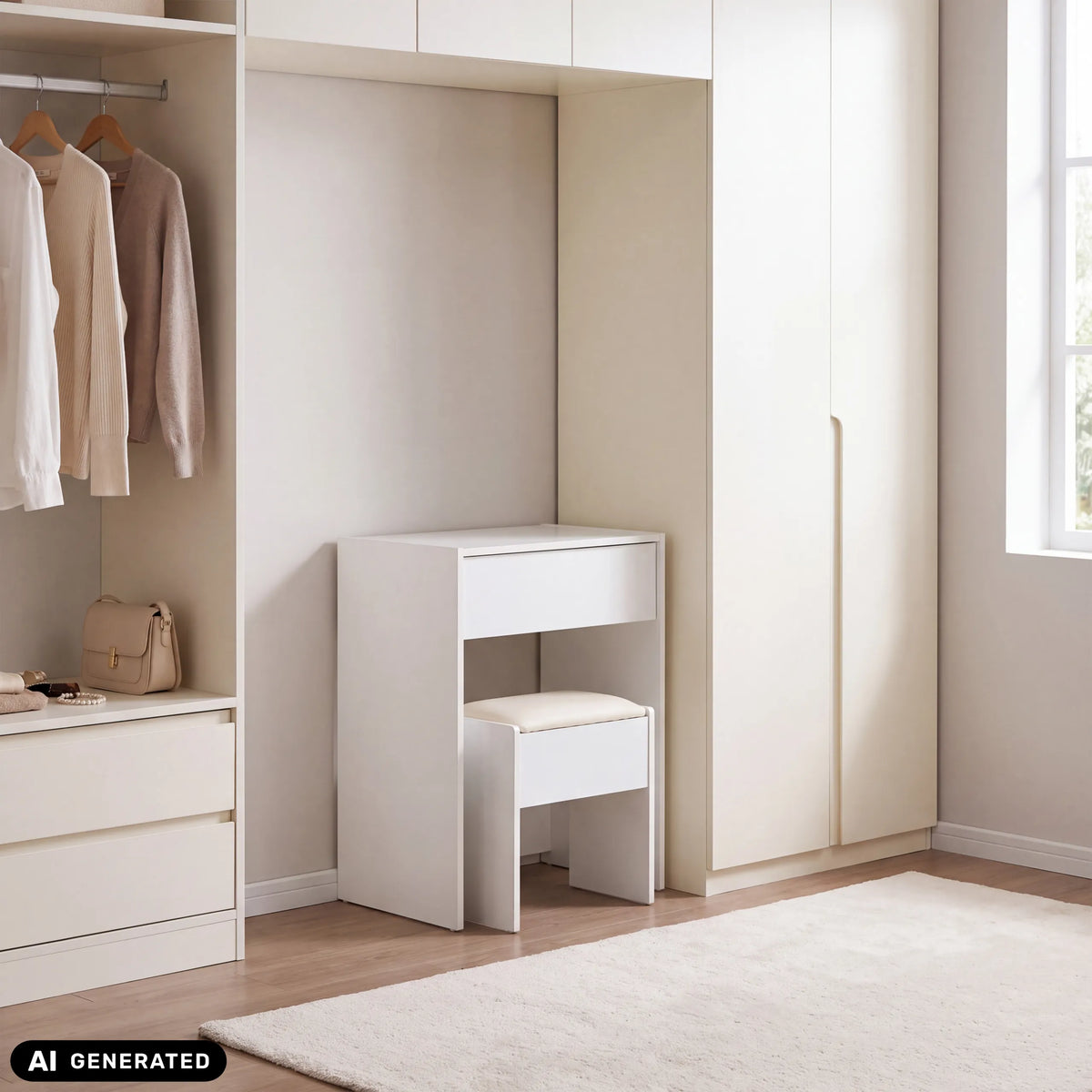 Weißer Schminktisch Glamdesk mit Hocker in einer Schranknische von hjh LIVING (KI-generiertes Bild)