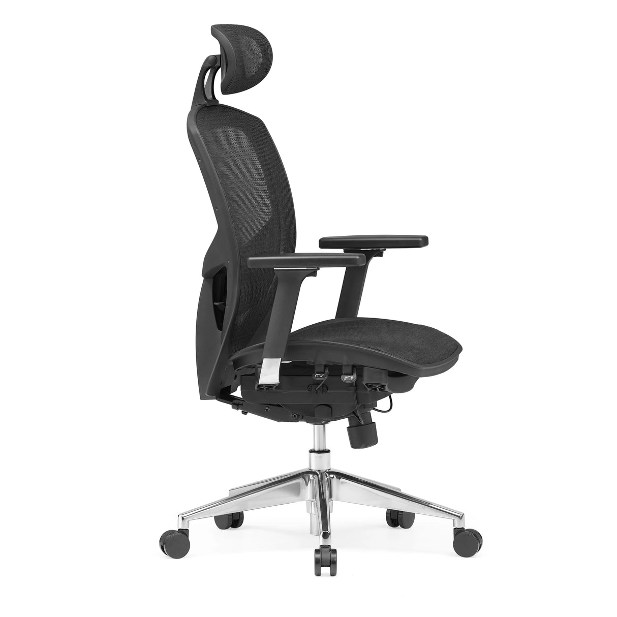 Schwarzer High-End-Bürostuhl VENUS ONE mit Netzrücken und Fußkreuz mit fünf Rollen von hjh OFFICE – 360-Grad-Ansicht (Seitenprofil 75°)