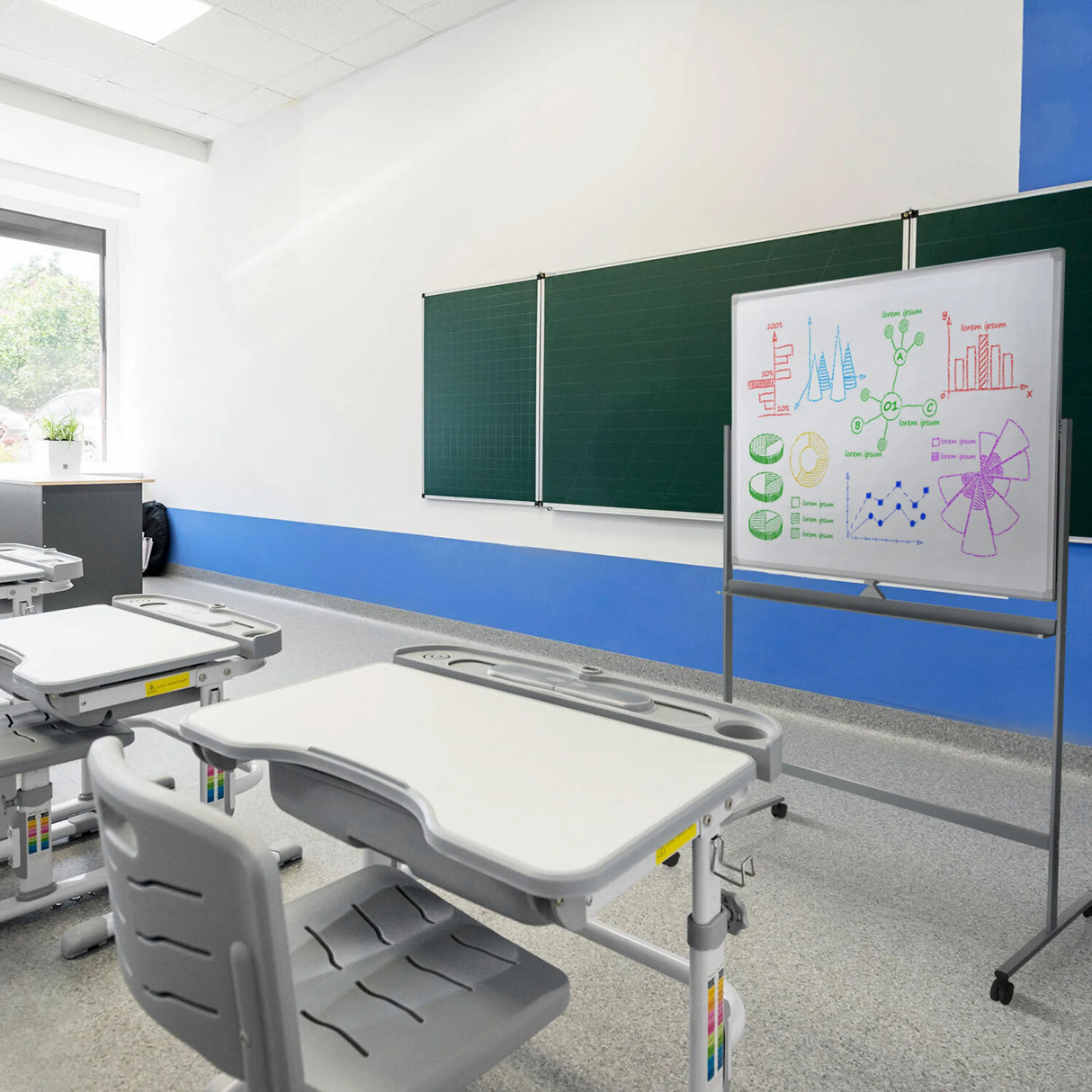 Whiteboard MULTIBOARD I in Weiß und Silber auf einem Gestell mit Rollen von hjh OFFICE