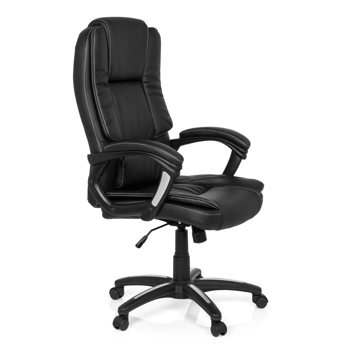 Schwarzer Homeoffice-Bürostuhl RELAX CL120 mit Polsterung und Fußkreuz mit fünf Rollen von MyBuero – 360-Grad-Ansicht (schräge Frontansicht 60°)