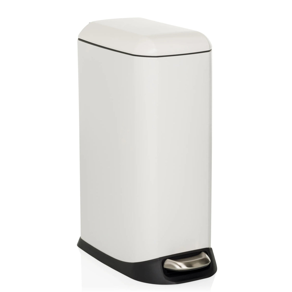 Weißer Mülleimer CLEAN SLIM mit Trittpedal und abgerundetem Deckel von hjh OFFICE – 360-Grad-Ansicht (schräge Frontansicht 30°)