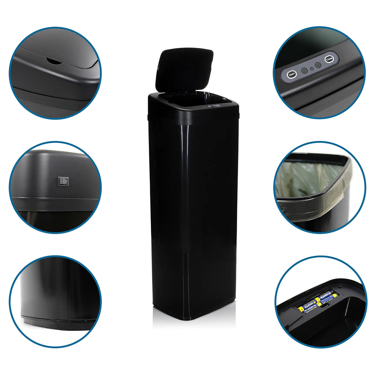 Sensor-Mülleimer CLEAN V in Schwarz mit Ansichten des Sensors, Batteriefachs und des Müllbeutels von hjh OFFICE