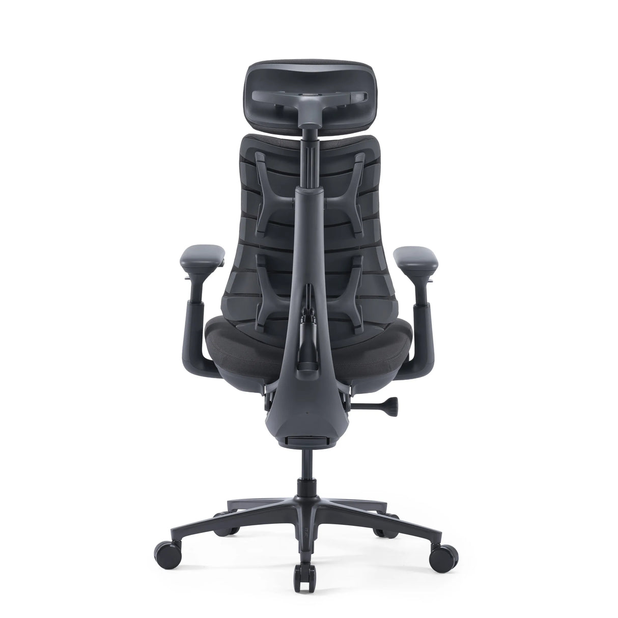 Rückansicht des dunkelgrauen High-End-Bürostuhls LiberNovo Omni Pro mit Kopfstütze von Libernovo