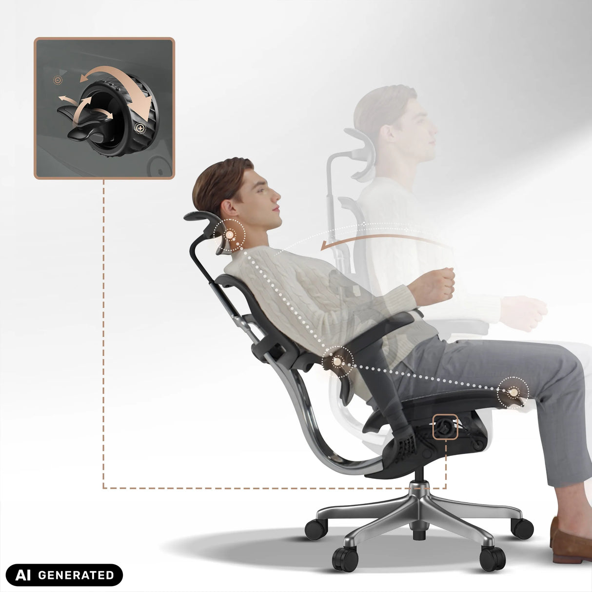 Verstellmechanismus und Neigungsfunktion des Luxus-Chefsessels ERGOHUMAN SIGNATURE GEN2 von hjh OFFICE (KI-generiertes Bild)