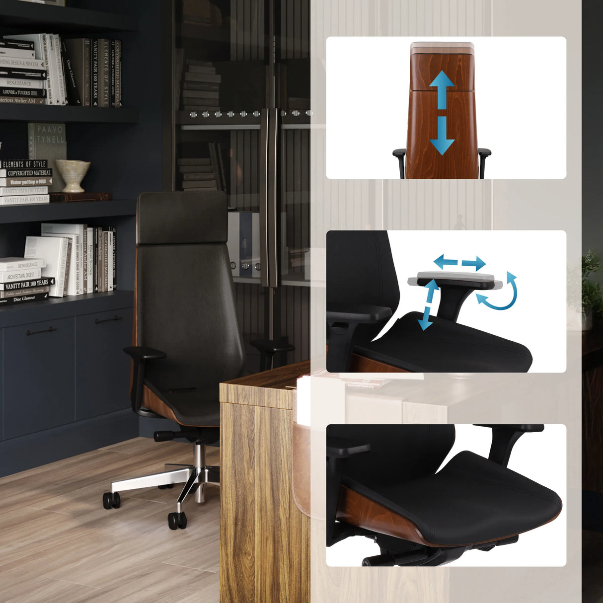 Verstellbare Funktionen des Chefsessels MOON WOOD HD in Schwarz und Walnuss von Grospol