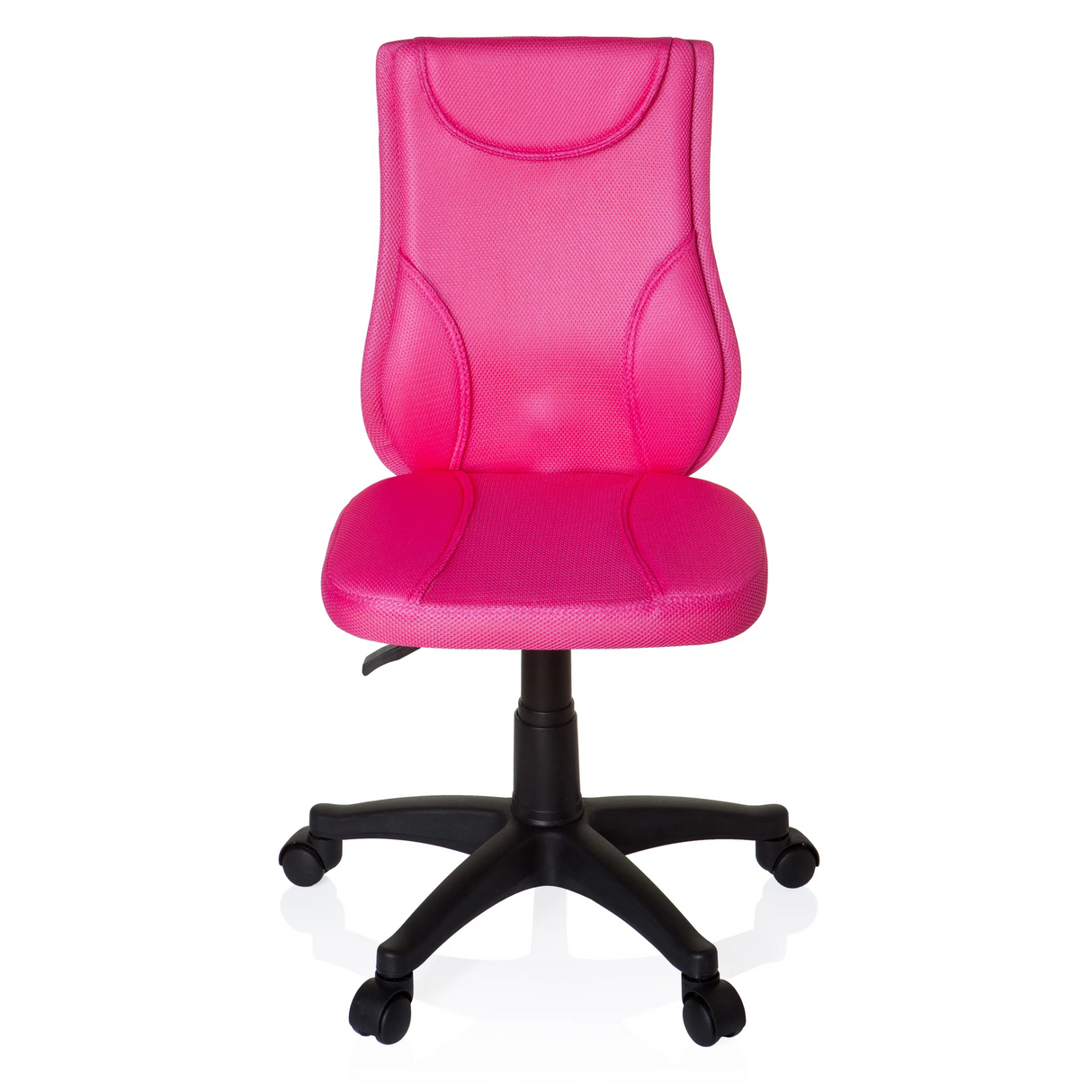 Pinker Kinderdrehstuhl KIDDY BASE mit Netzrücken und schwarzem Fußkreuz mit fünf Rollen von hjh OFFICE – 360-Grad-Ansicht (Frontansicht 0°)