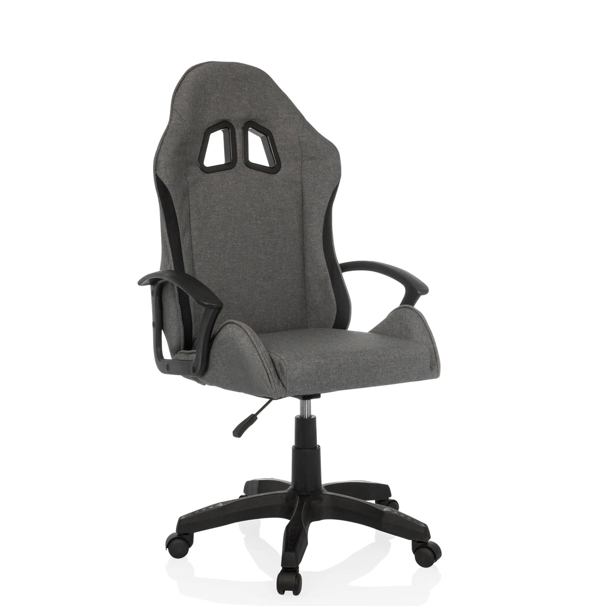 Grauer Gamingstuhl GAMEBREAKER W01 mit zwei Kopfstützenausschnitten und Fußkreuz mit fünf Rollen von MyBuero – 360-Grad-Ansicht (schräge Frontansicht 30°)
