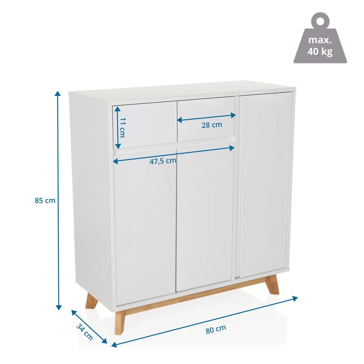 Maßzeichnung der Kommode ESTHA mit 80 × 85 cm und einer maximalen Belastung von 40 kg von hjh LIVING